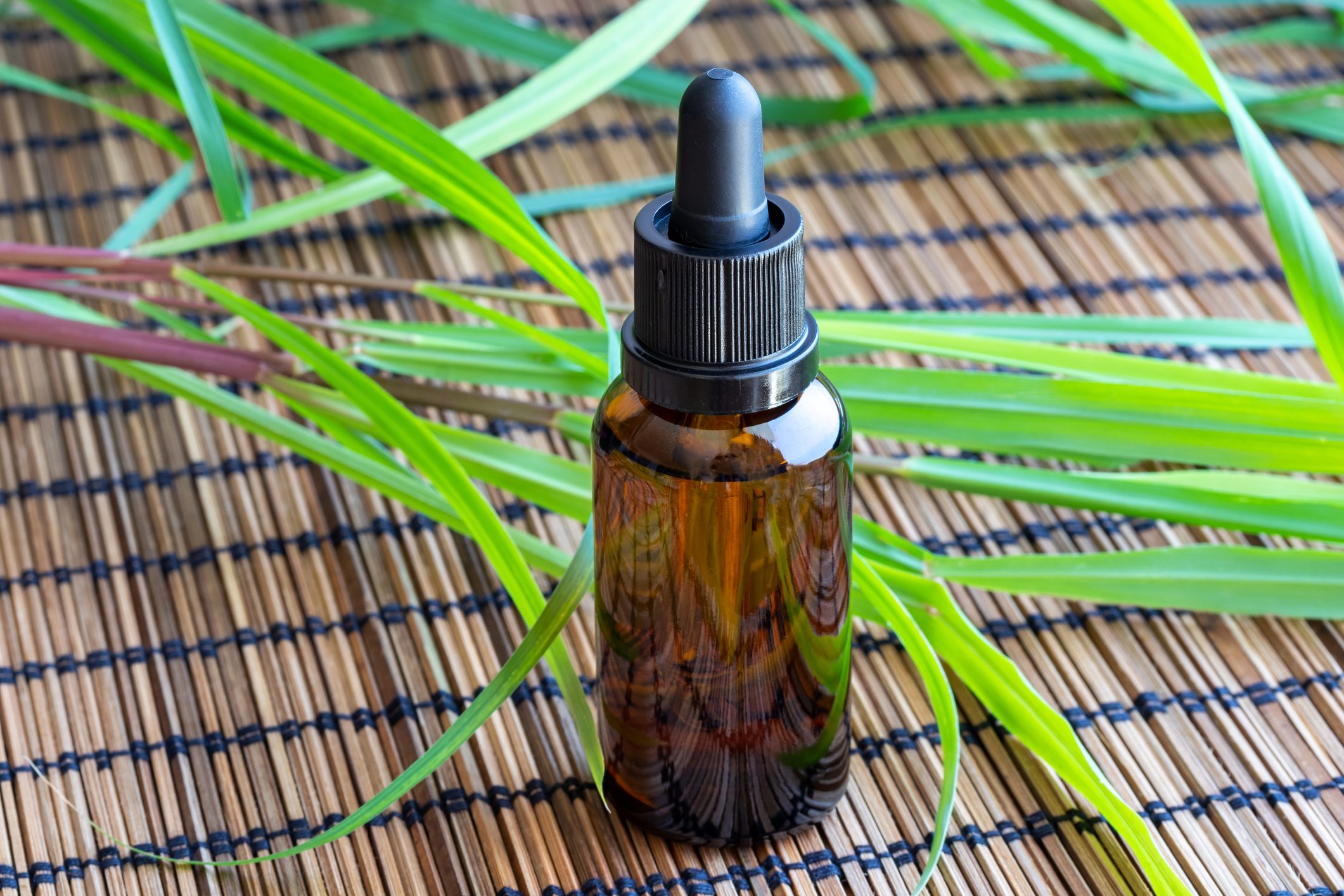 A bottle of lemon grass essential oil with fresh lemon grass