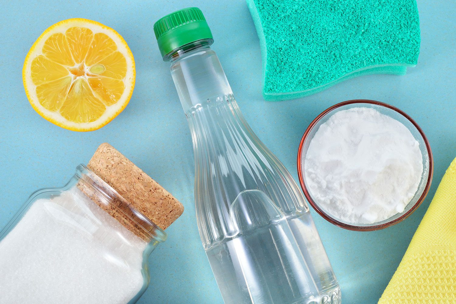 Eco-friendly natural cleaners. Vinegar, baking soda, salt, lemon and cloth