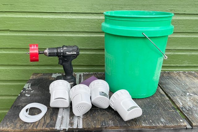 materials for a DIY no waste chicken feeder