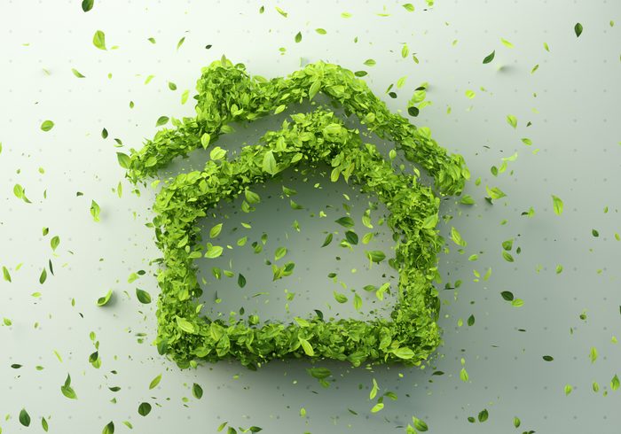 Digital generated image of house icon made out of leaves on white green background.