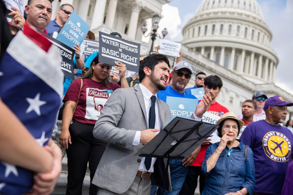 Rep. Greg Casar, D-Texas, speaks during a Vigil and Thirst Strike for Workers' Rights on the House steps of the U.S. Capitol on Tuesday, July 25, 2023