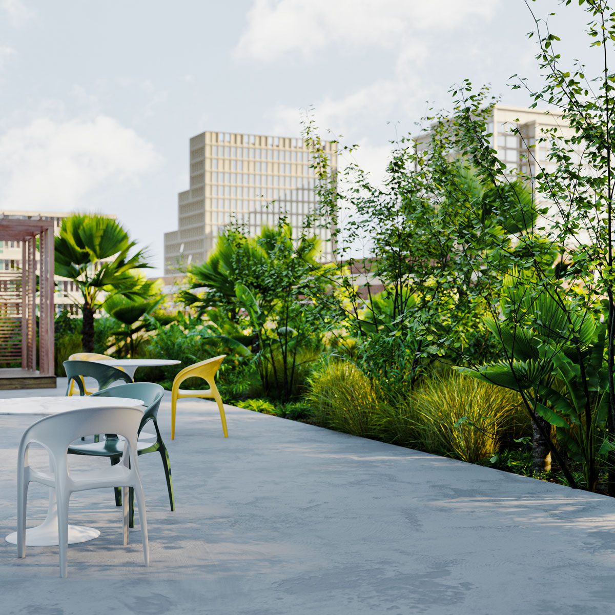 A lush garden on the rooftop of an office or apartment building
