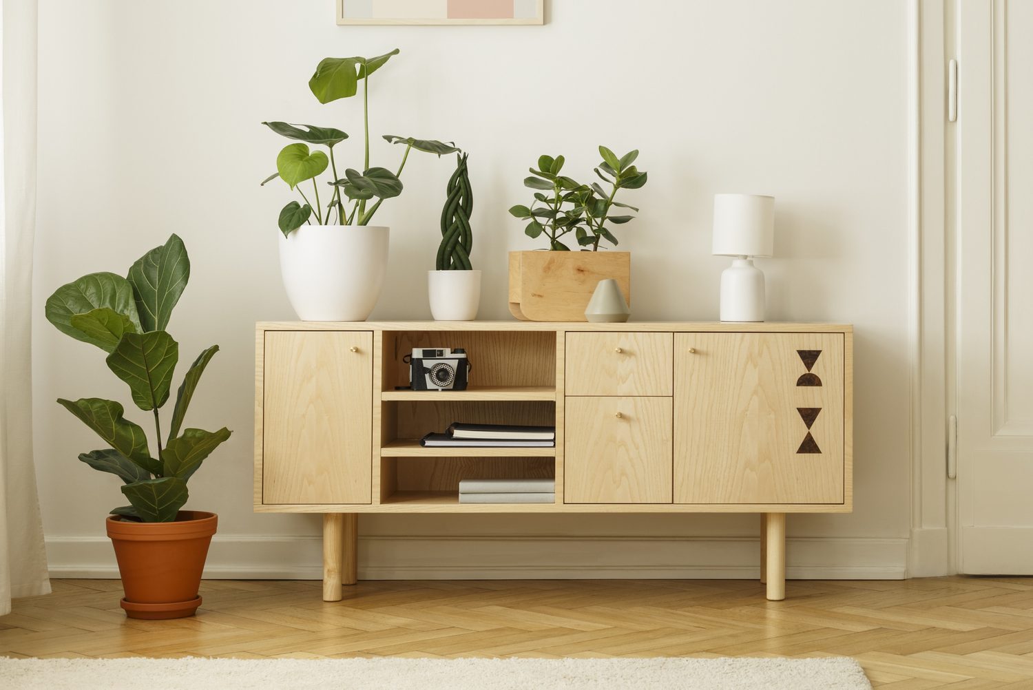 Retro style, wooden sideboard with green plants and a poster on a white wall in a simple apartment interior with herringbone hardwood floor. Real photo.