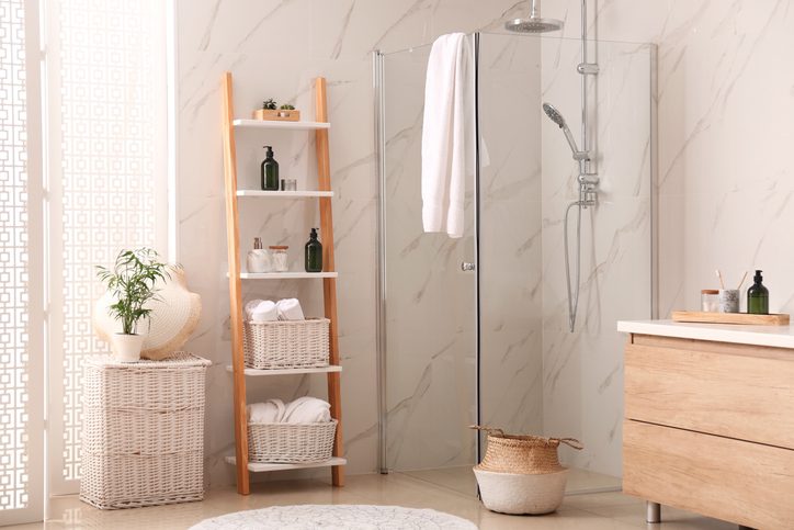 Modern bathroom interior with decorative ladder and shower stall