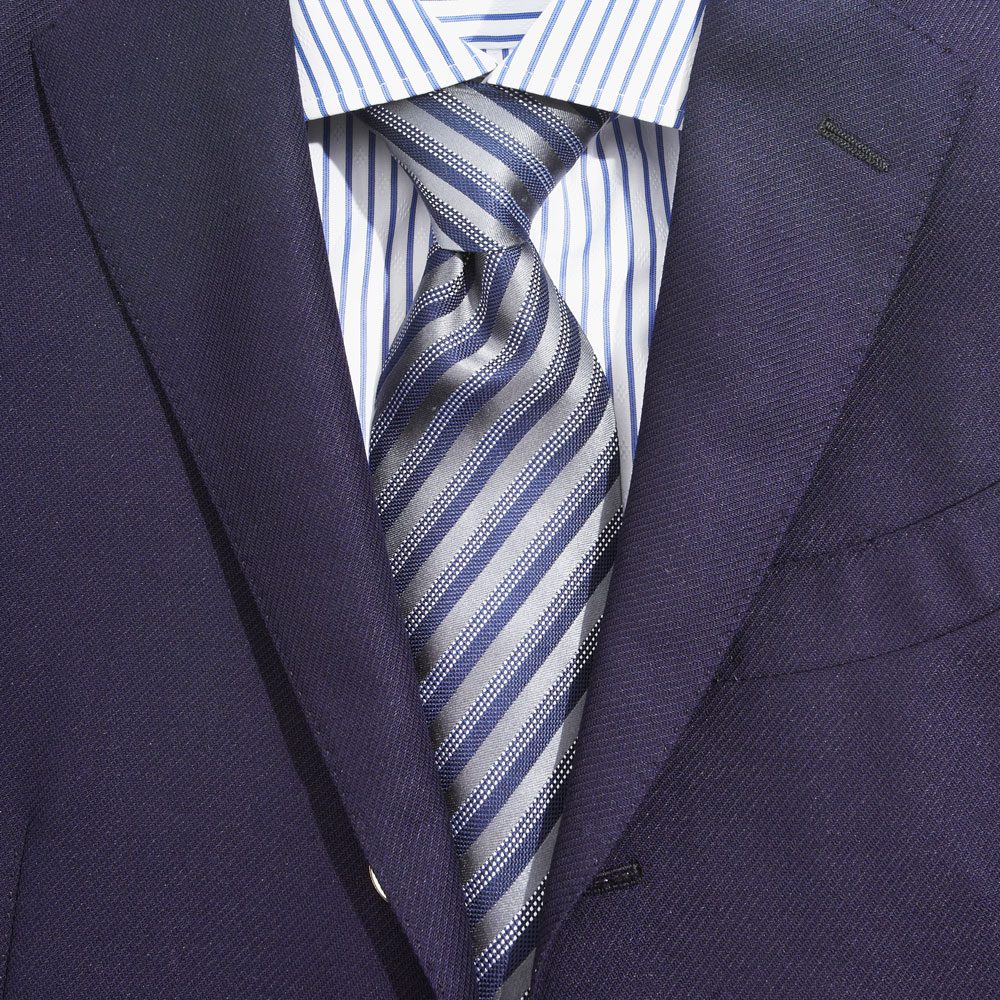 Men's Suit with a White and Blue Striped Dress Shirt, a Blue Striped Tie and a navy blue suit