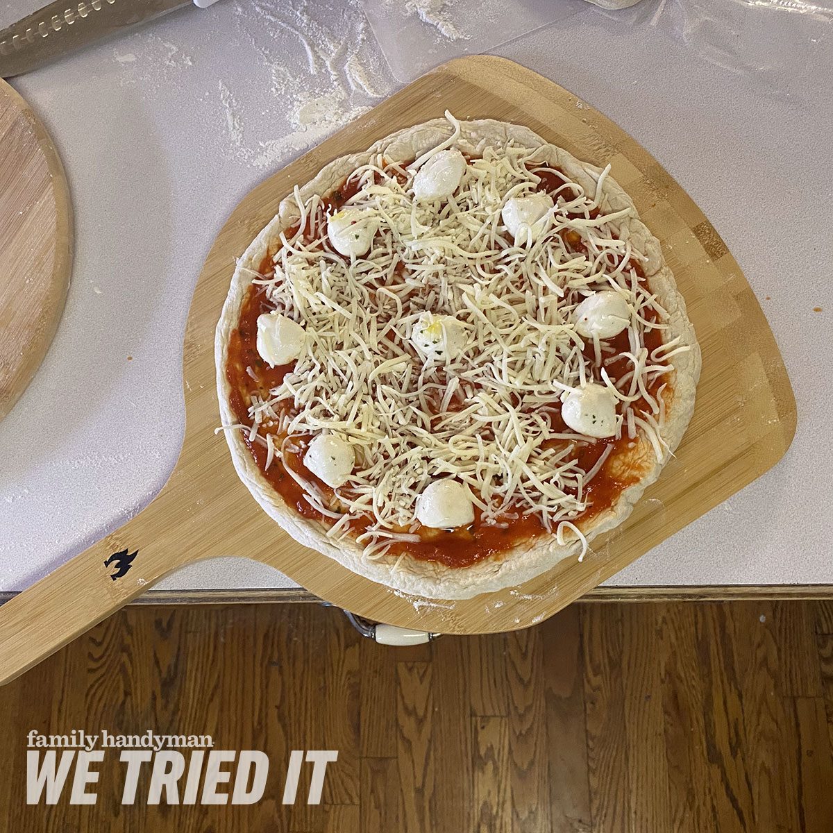 Pizza on Bamboo Pizza Peeler