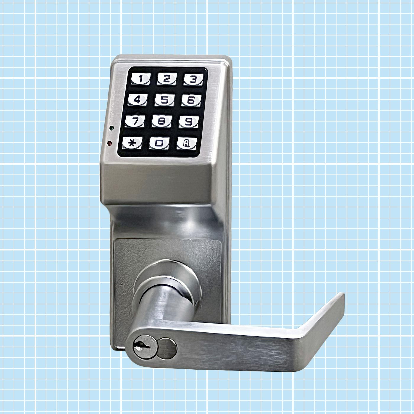 Keyless Door Lock with number code on a Blue Grid