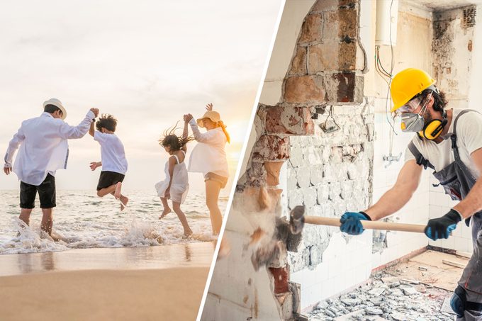What Is A Renocation? , Happy family have fun jumping on beach in holiday at sunset, Worker Breaking Brick Wall With Hammer