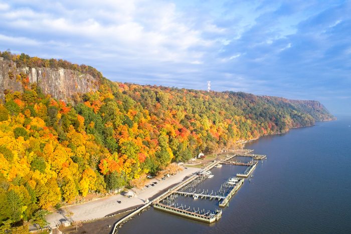 Palisades Cliffs And Boat Dock On The Hudson River In New Jersey