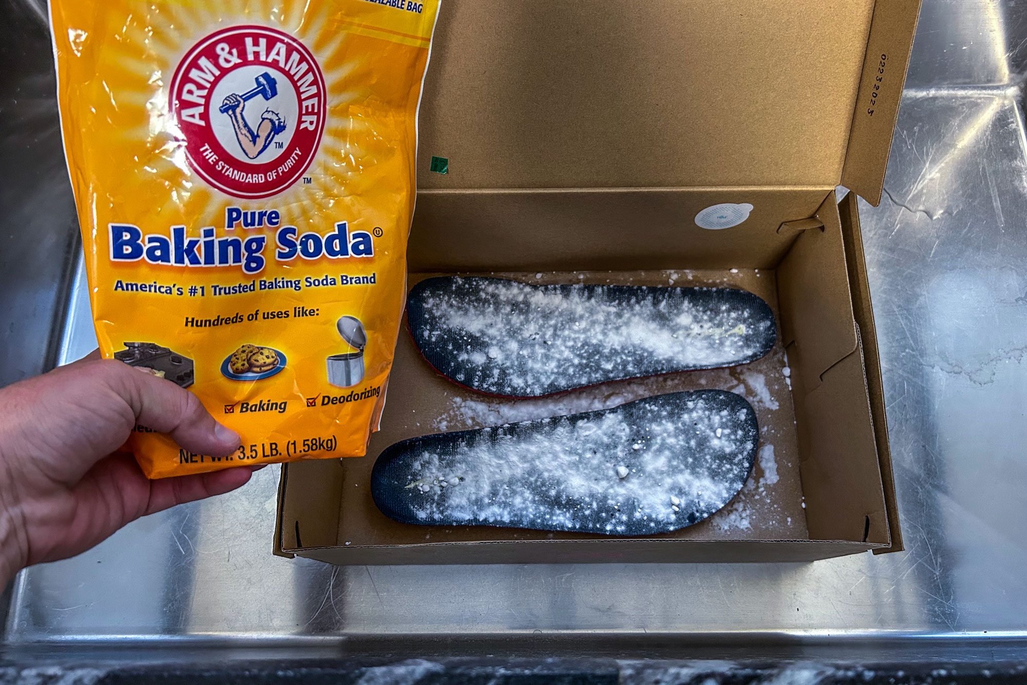 Leave baking soda overnight on insoles