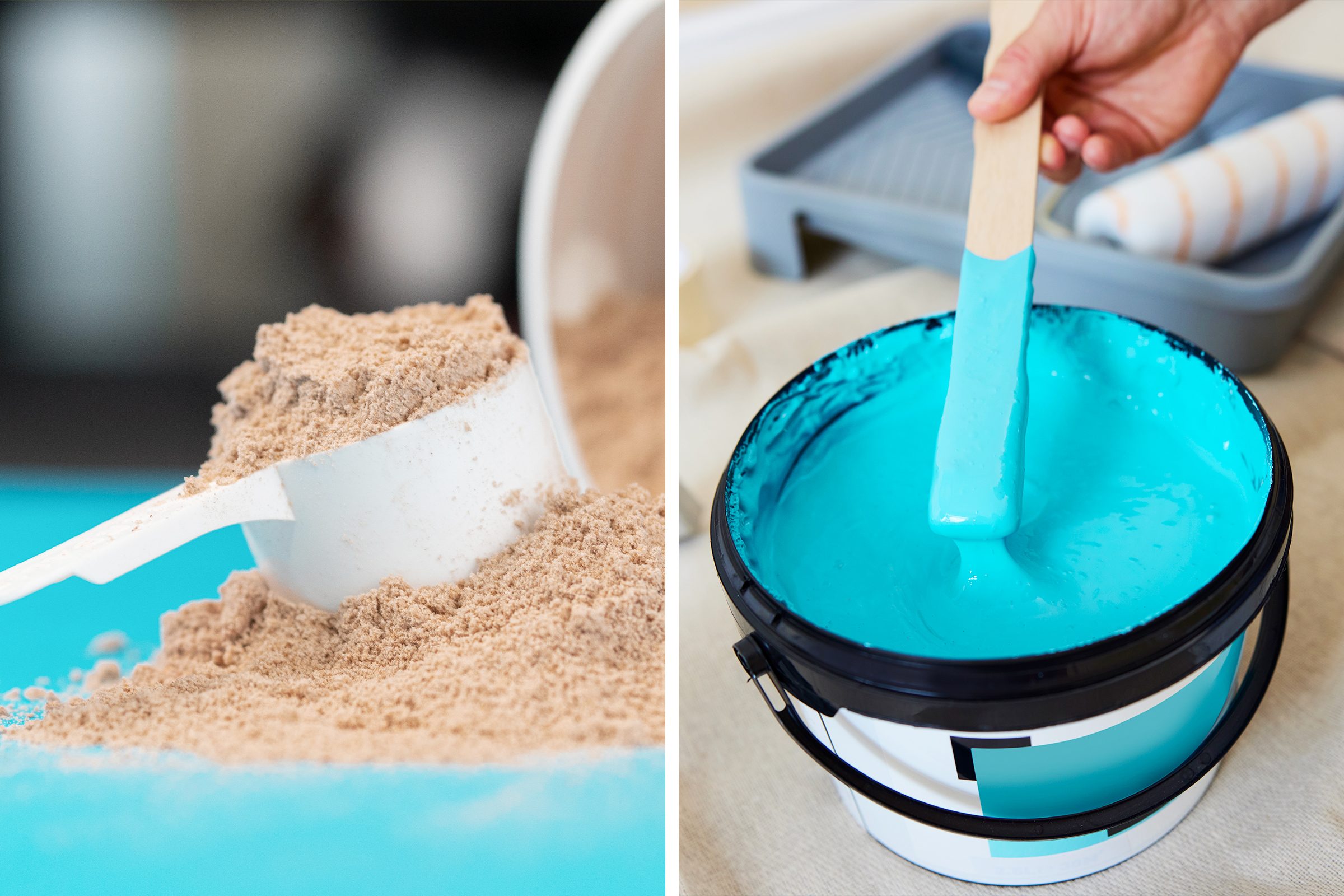 side by side of sand and blue paint