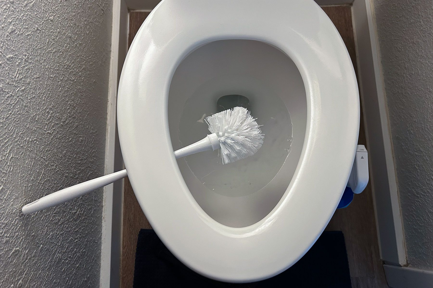 Brush kept for drying on toilet bowl