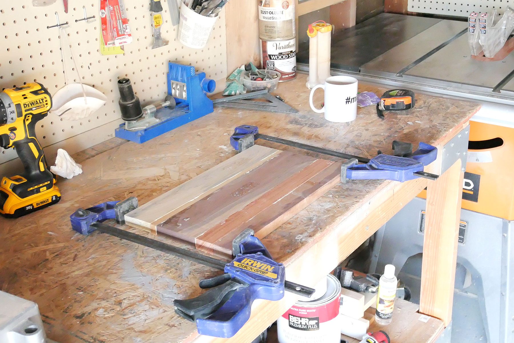 Clamped wooden pieces kept on work station