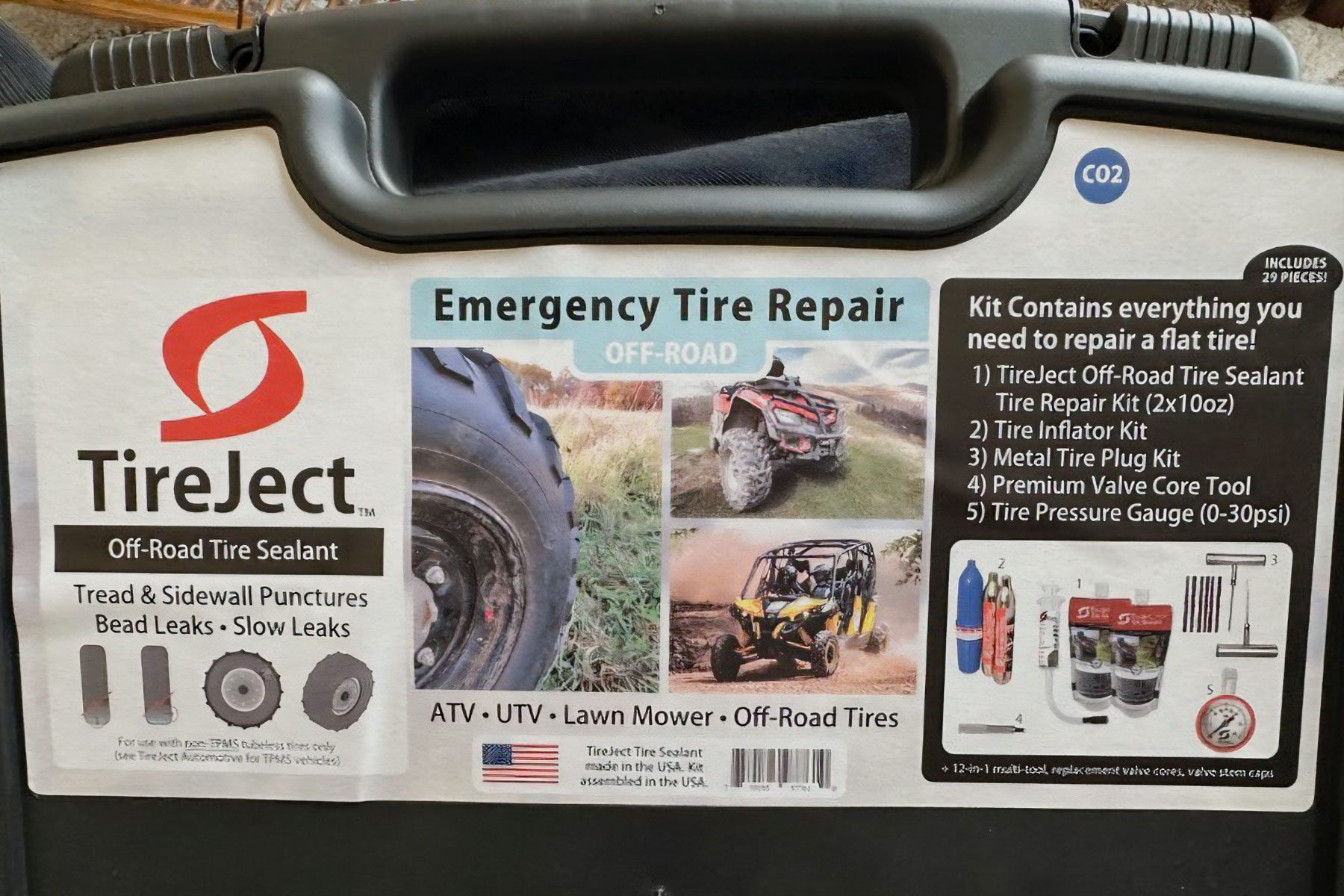 The box of Tireject All In One Off Road Tire Repair Tool Kit