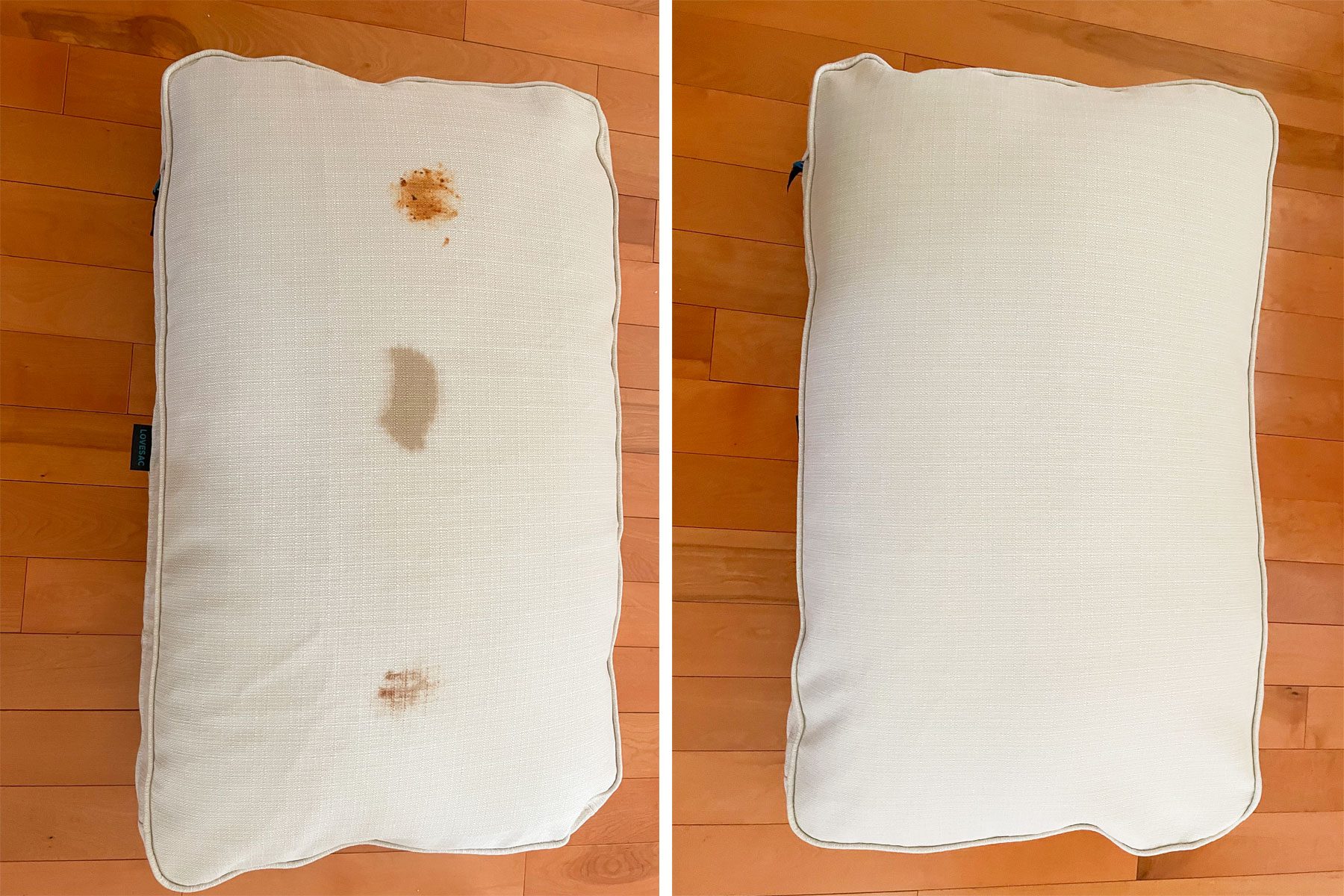 Pillow with strains and clean on a a wooden floor