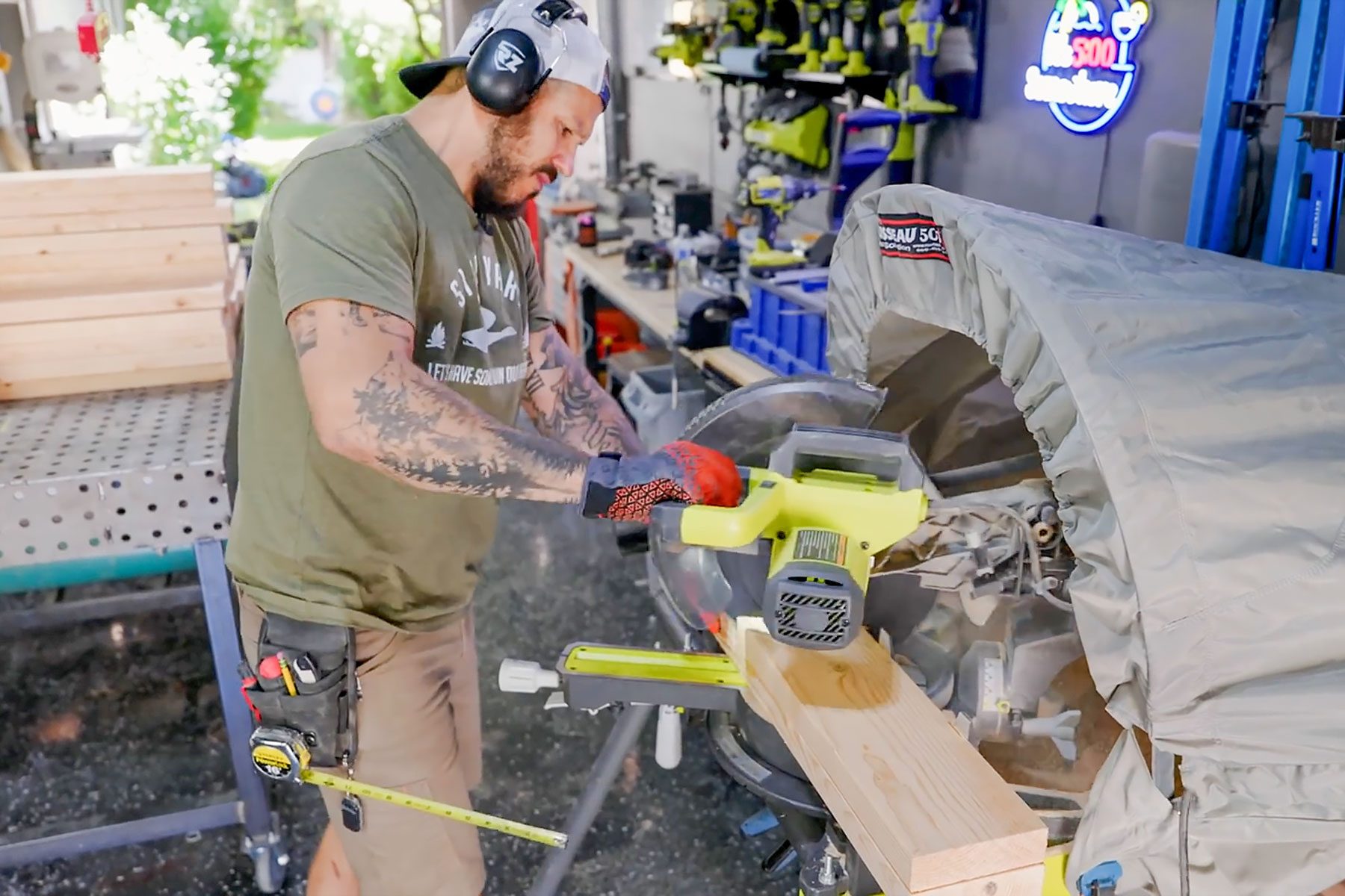 Cutting wood with miter saw