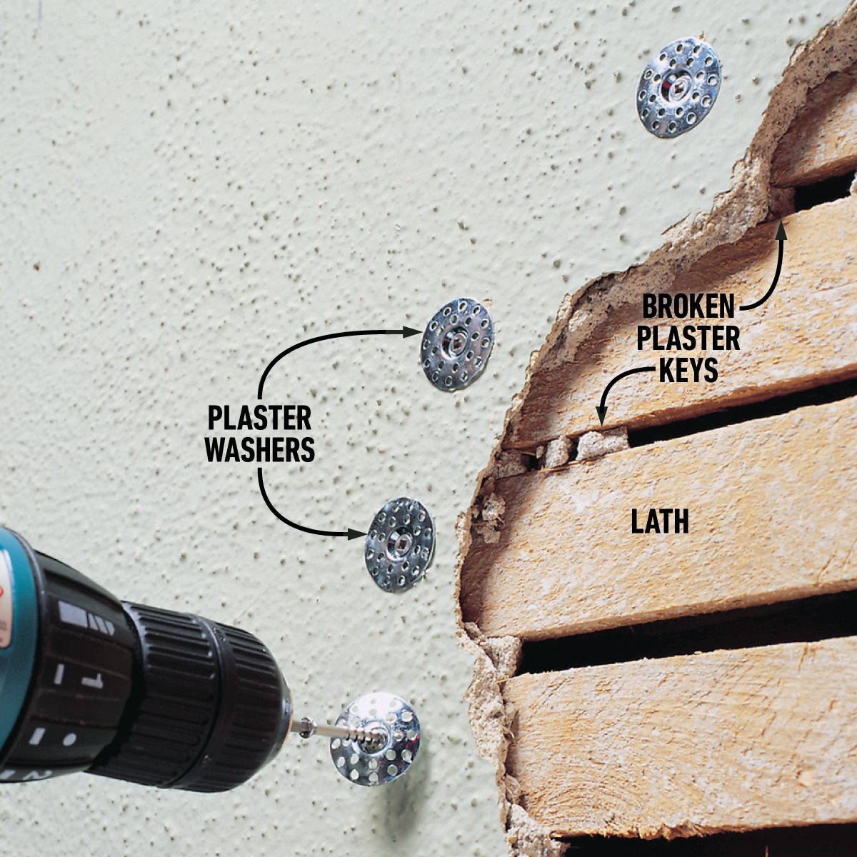 How To Repair Cracked Plaster Walls Reattach loose plaster with plaster washers