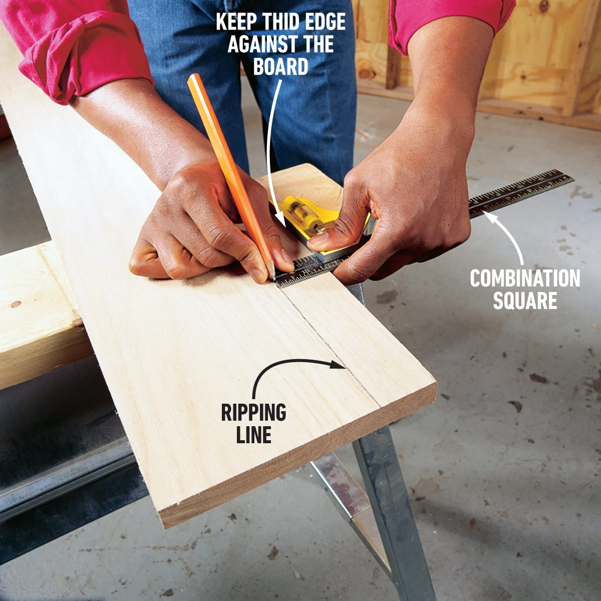 A person in a pink shirt uses a combination square and pencil to mark a ripping line on a wooden board. The square's edge is kept against the board as they draw the line. Text labels indicate "Keep this edge against the board", "Combination Square", and "Ripping Line".