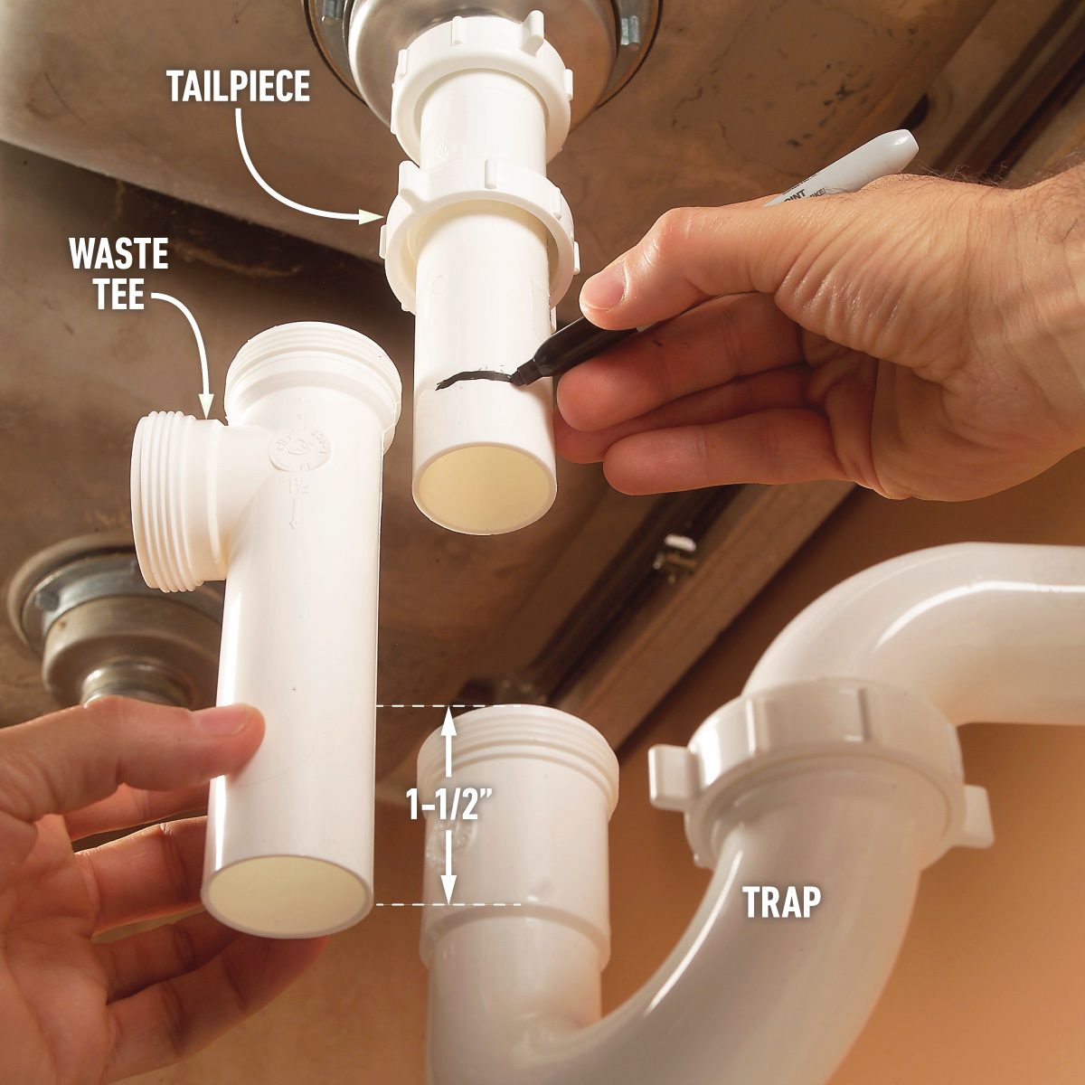 How To Replace A Kitchen Sink Basket And P Trap kitchen sink plumbing pipes are old, replace the whole works mark and cut the tailpieces to size