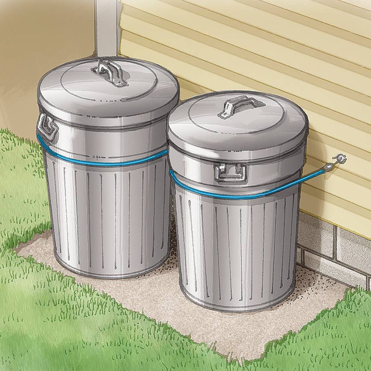 Two metal garbage cans with lids are secured to an exterior wall of a house with a bungee cord. The house has yellow horizontal siding. The cans are placed on a small gravel patch adjacent to a grassy area.