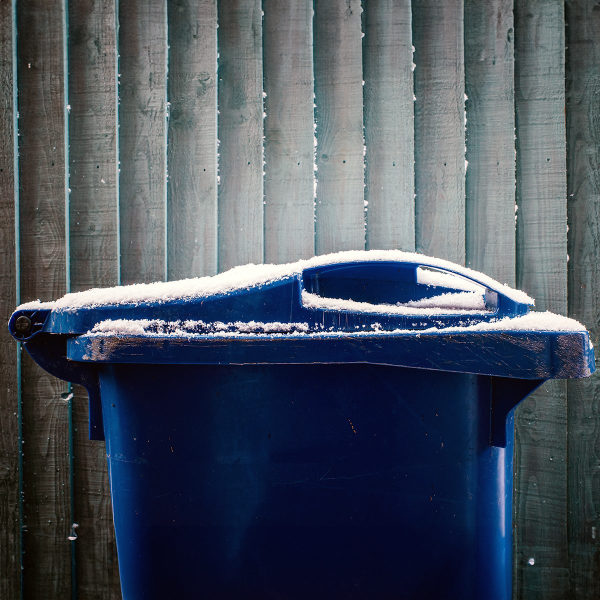 Blue bin covered with snow