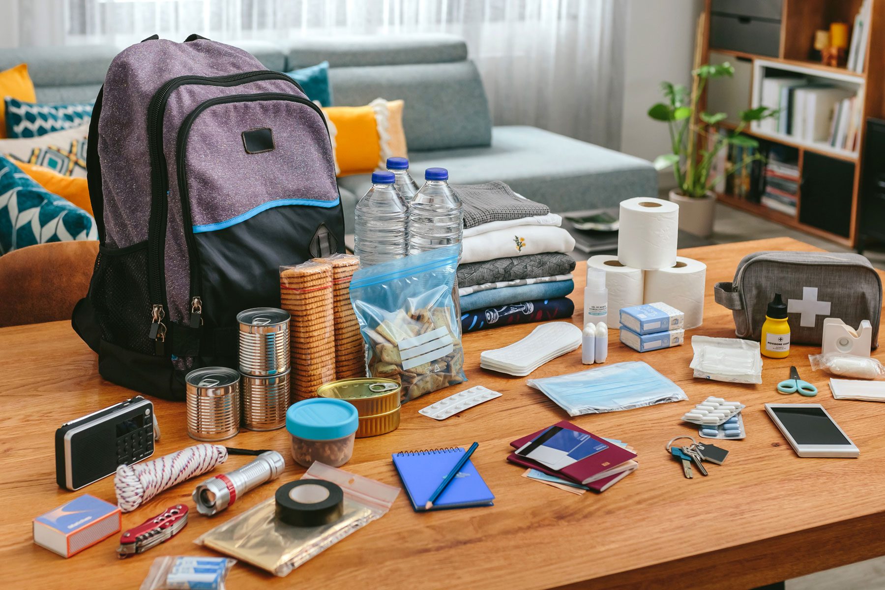 Emergency backpack equipment organized on the table in the living room.