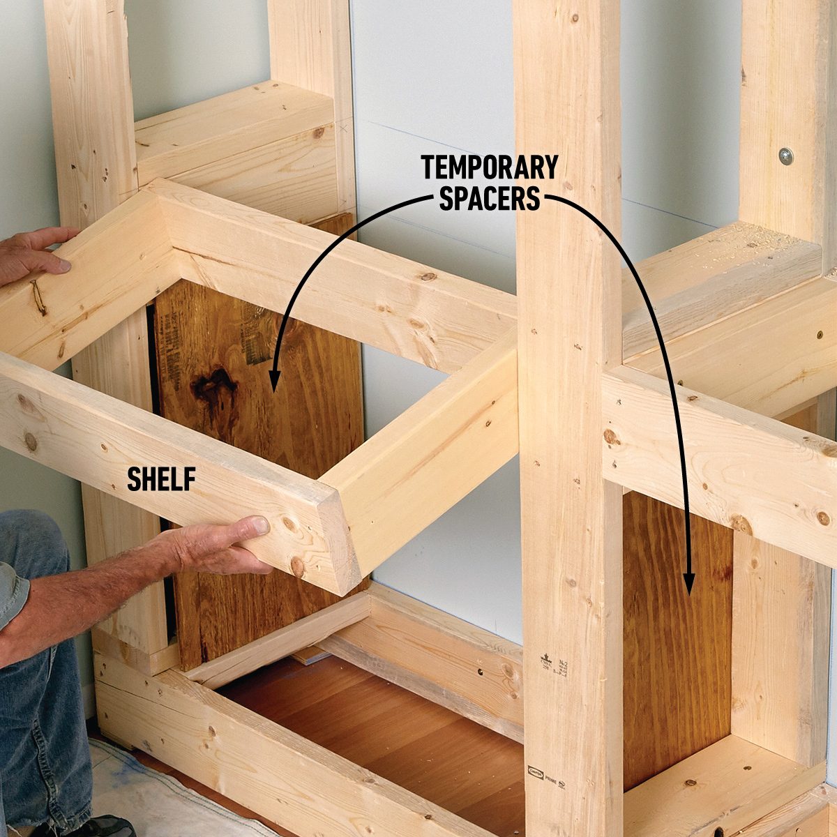 How To Make A Built In Bookcase That Surrounds Your Television Position the shelves with spacers