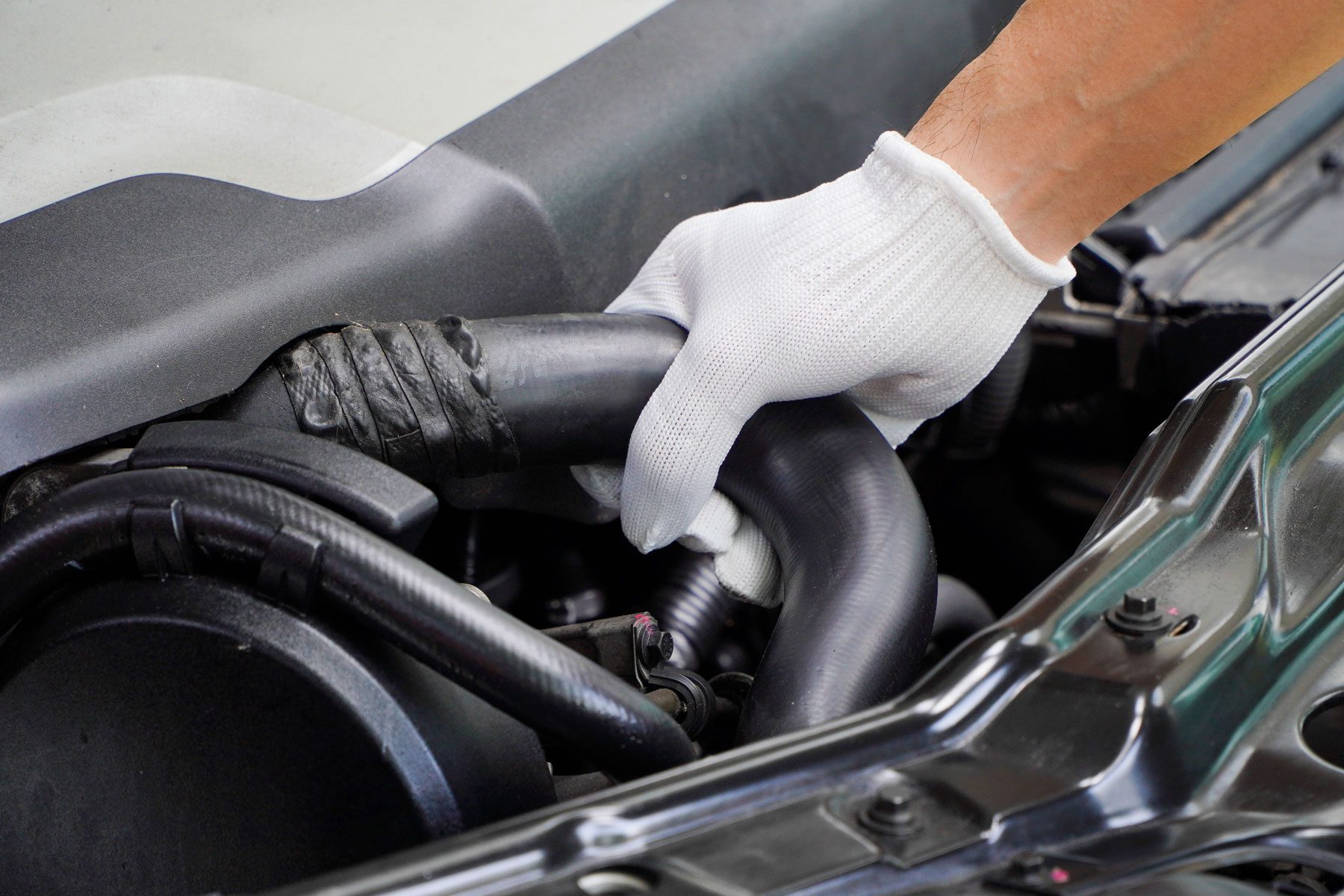 mechanic wearing white gloves checks the radiator hose