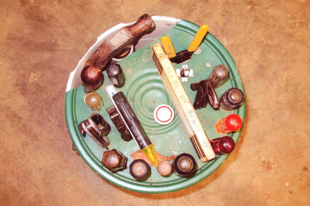 tools stored in a bucket