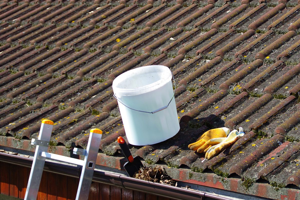 bucket on a roof near gutters