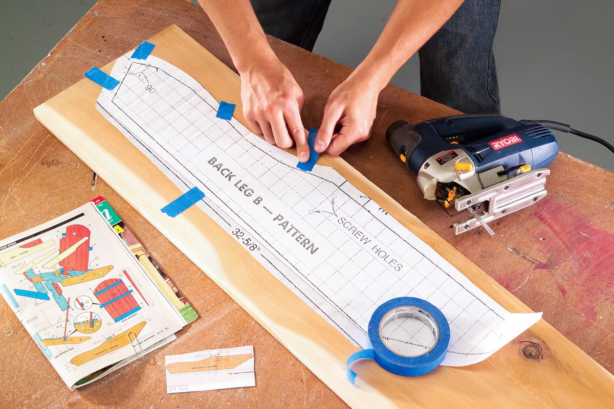 printout of enlarged woodworking pattern being taped