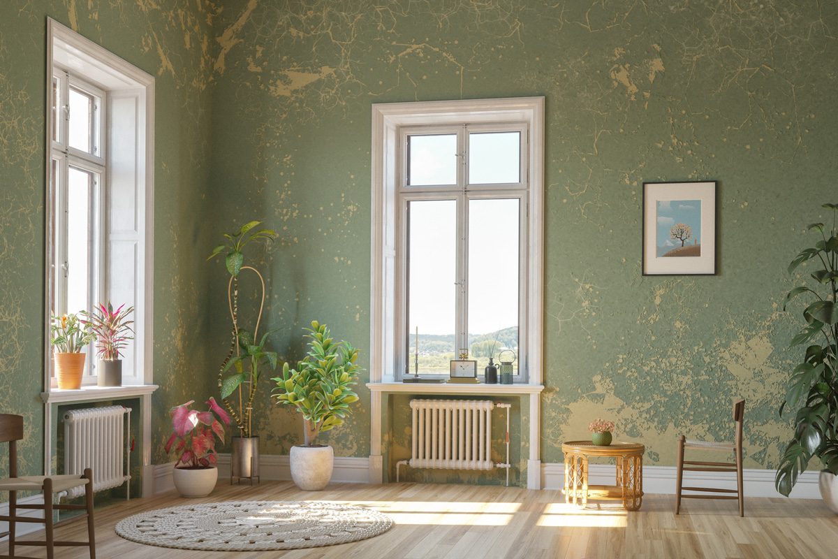 Old living room in peeling olive green