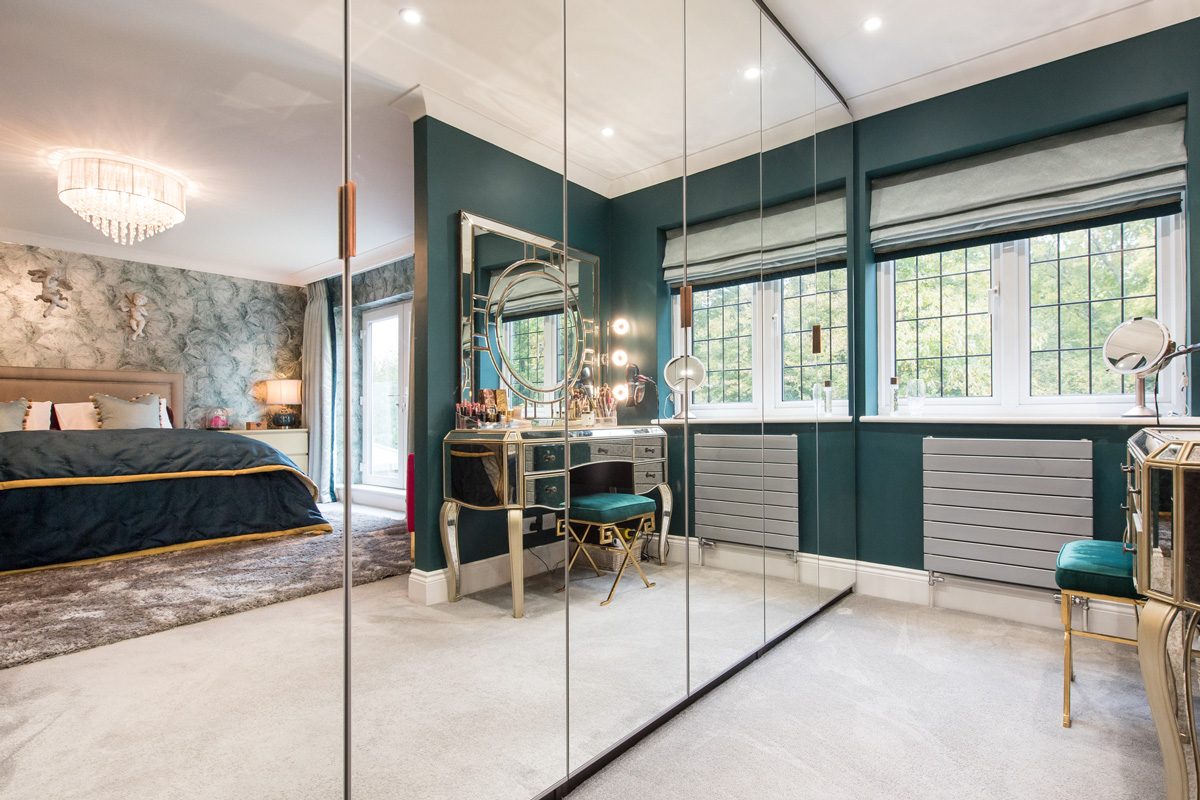 interior view of a dressing room with floor to ceiling mirrors