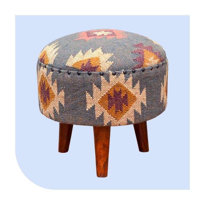 Handmade Kilim Jute Pouf Ottomans Wooden Seating Stool