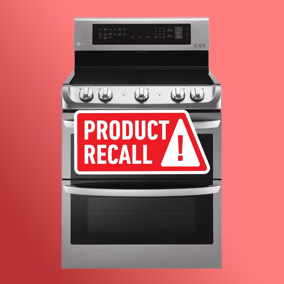 LG double oven range with a red "product recall" sticker on top, with a red background